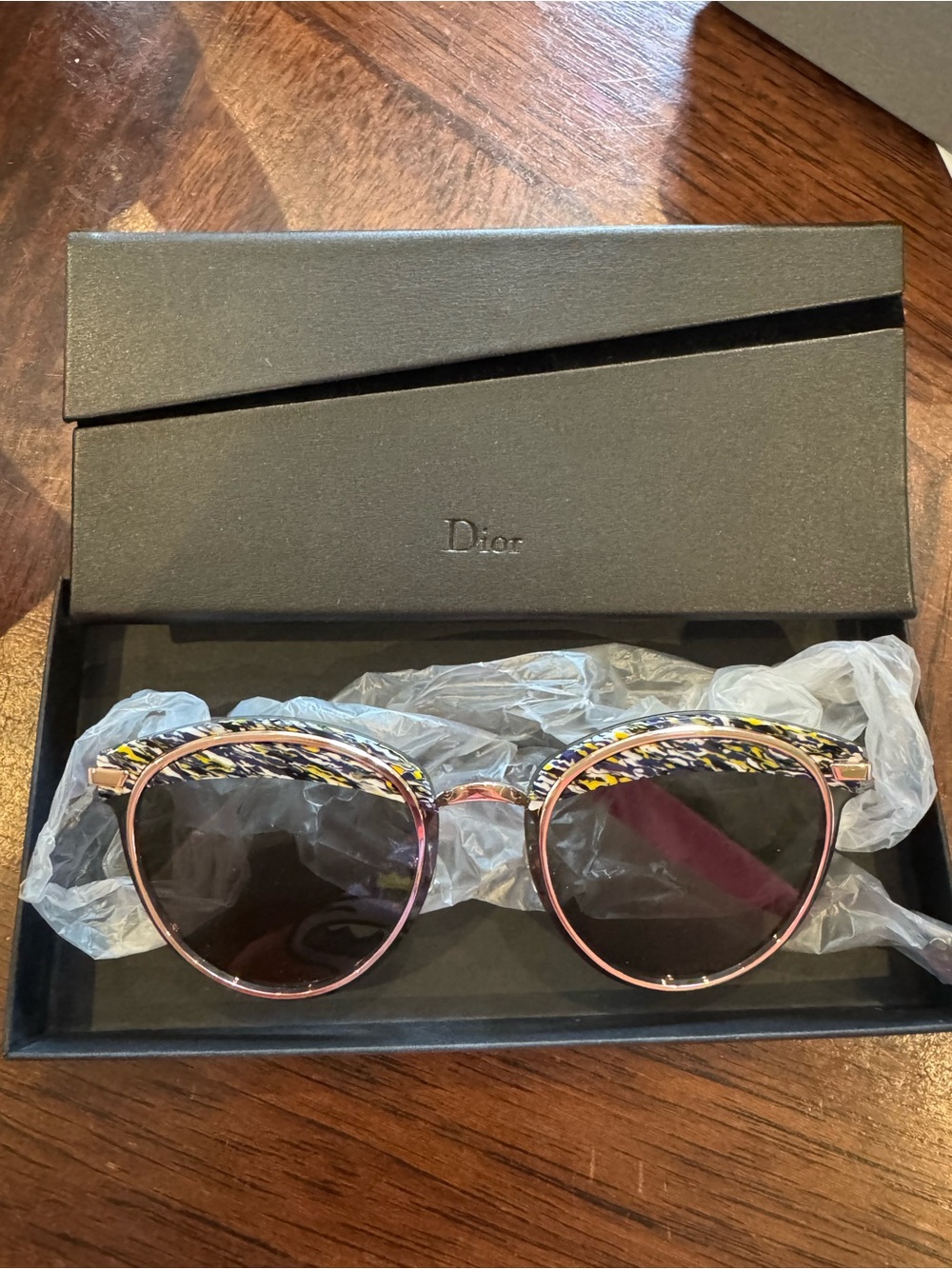 Dior Offset Round Gold Sunglasses with Multicolor Braided Temples